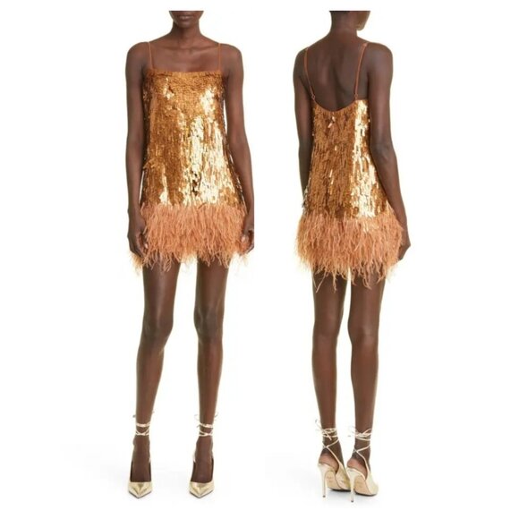 NWT Johanna Ortiz Chemical Attraction Metallic Feather Trim Minidress Gold Sz 10 - Picture 7 of 15